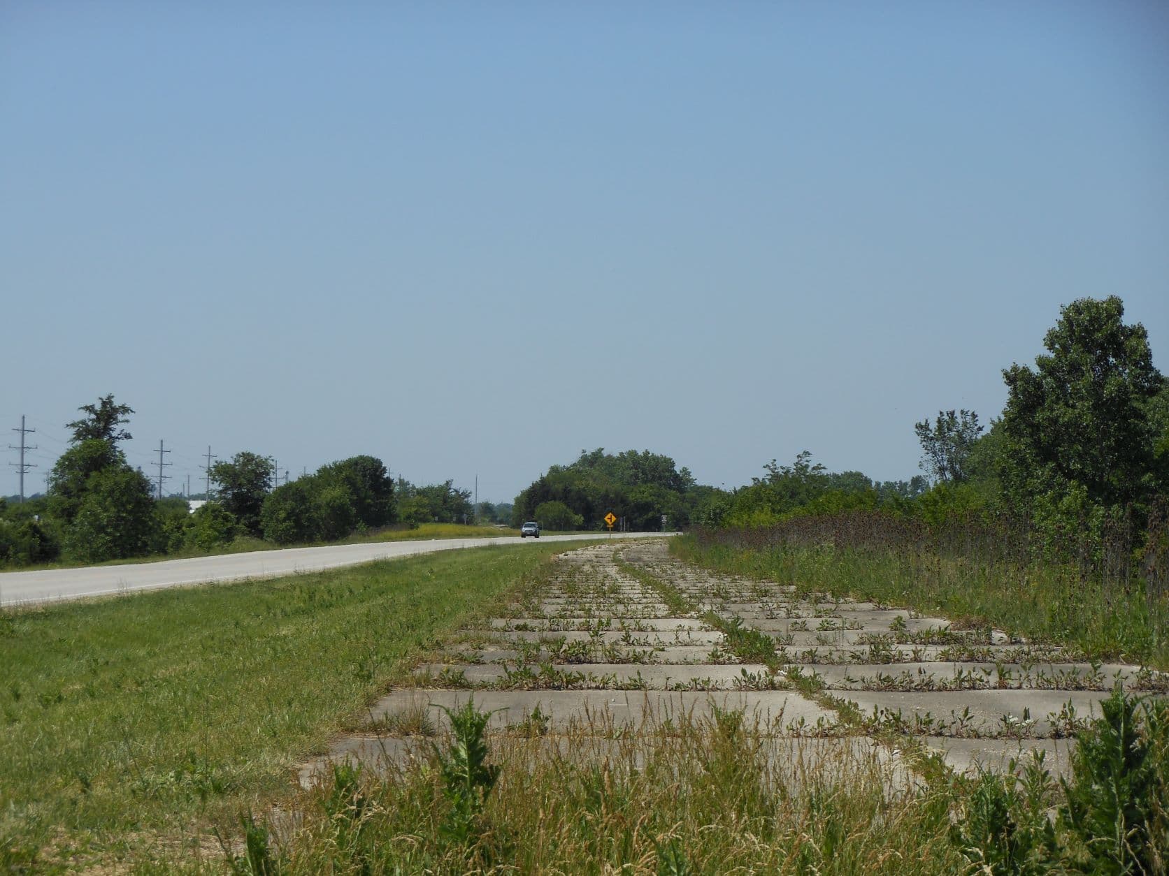 paved road with weeds