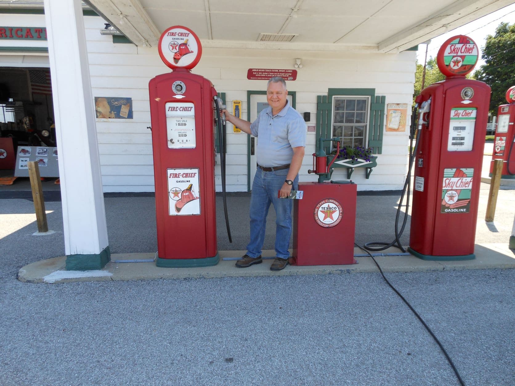 Old Texaco gas station pumps on Route 66 in Dwight, IL