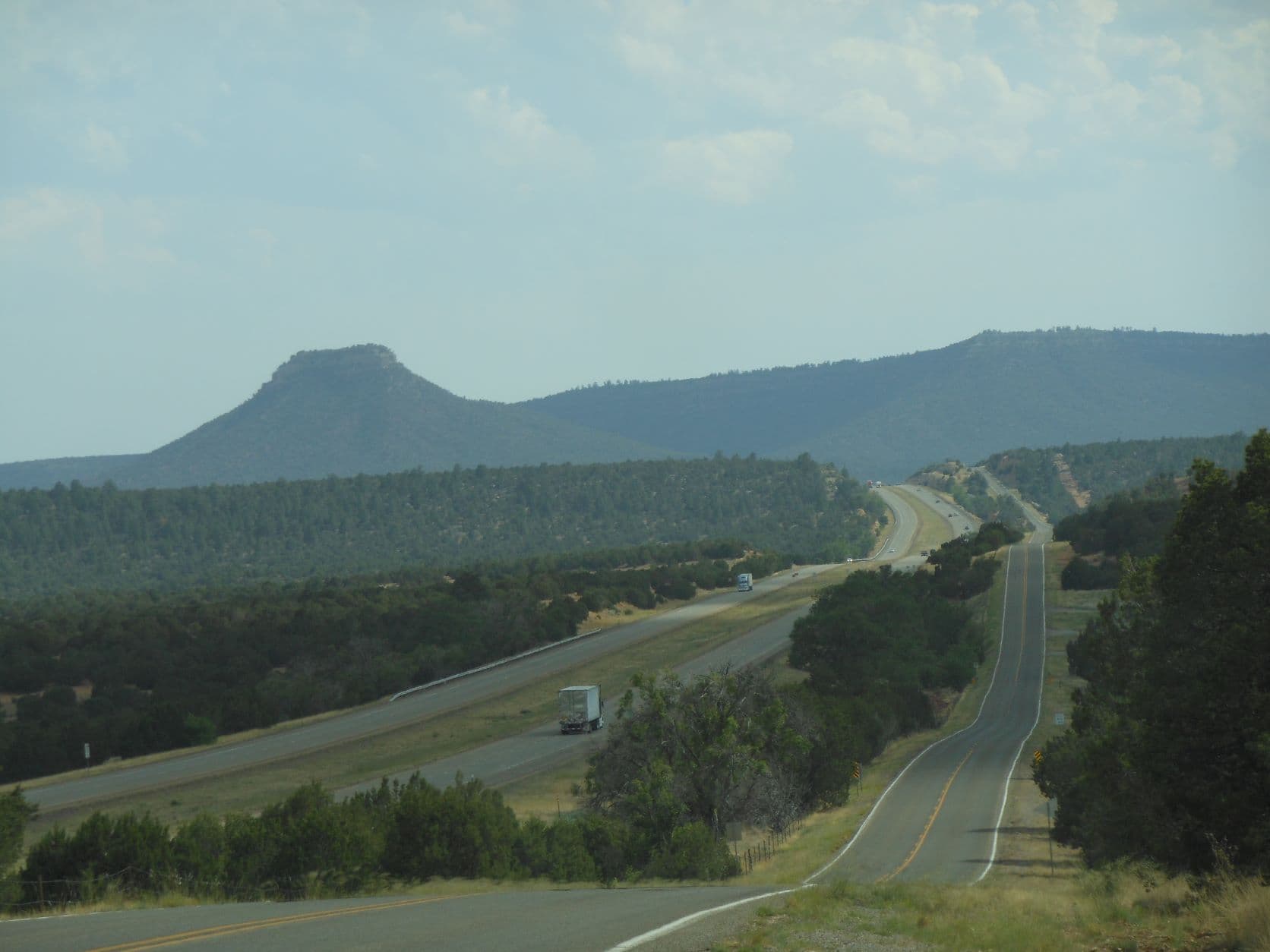 I40 to the left - Route 66 to the right - road to Santa Fe, NM