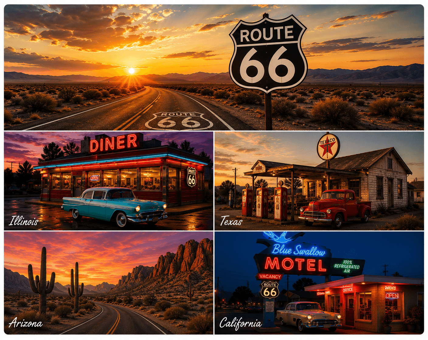Route 66 roadside sign collage